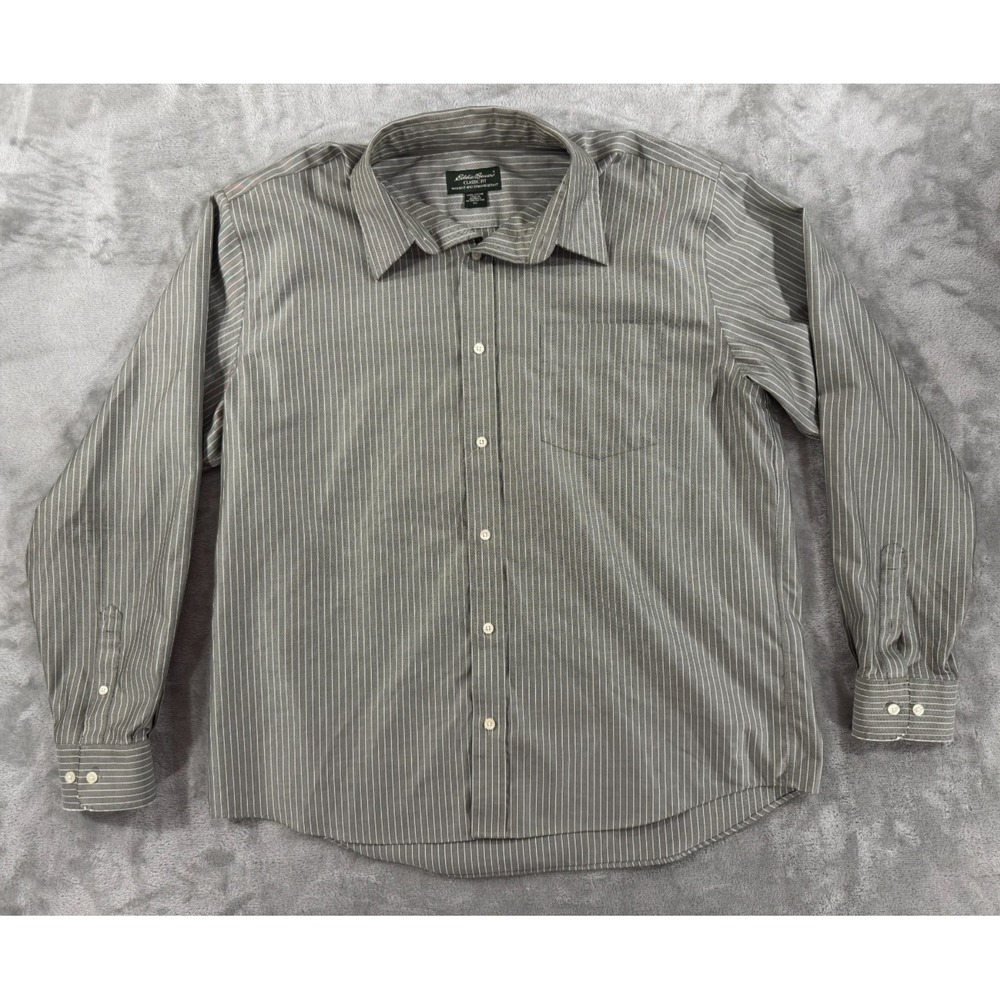 Eddie Bauer Mens Shirt XL Gray Striped Wrinkle‎ Resistant Business Casual Preppy